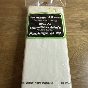 Vtg Lot Of 13 Mens Handkerchiefs Permanent Press White Cotton Poly No Iron NOS